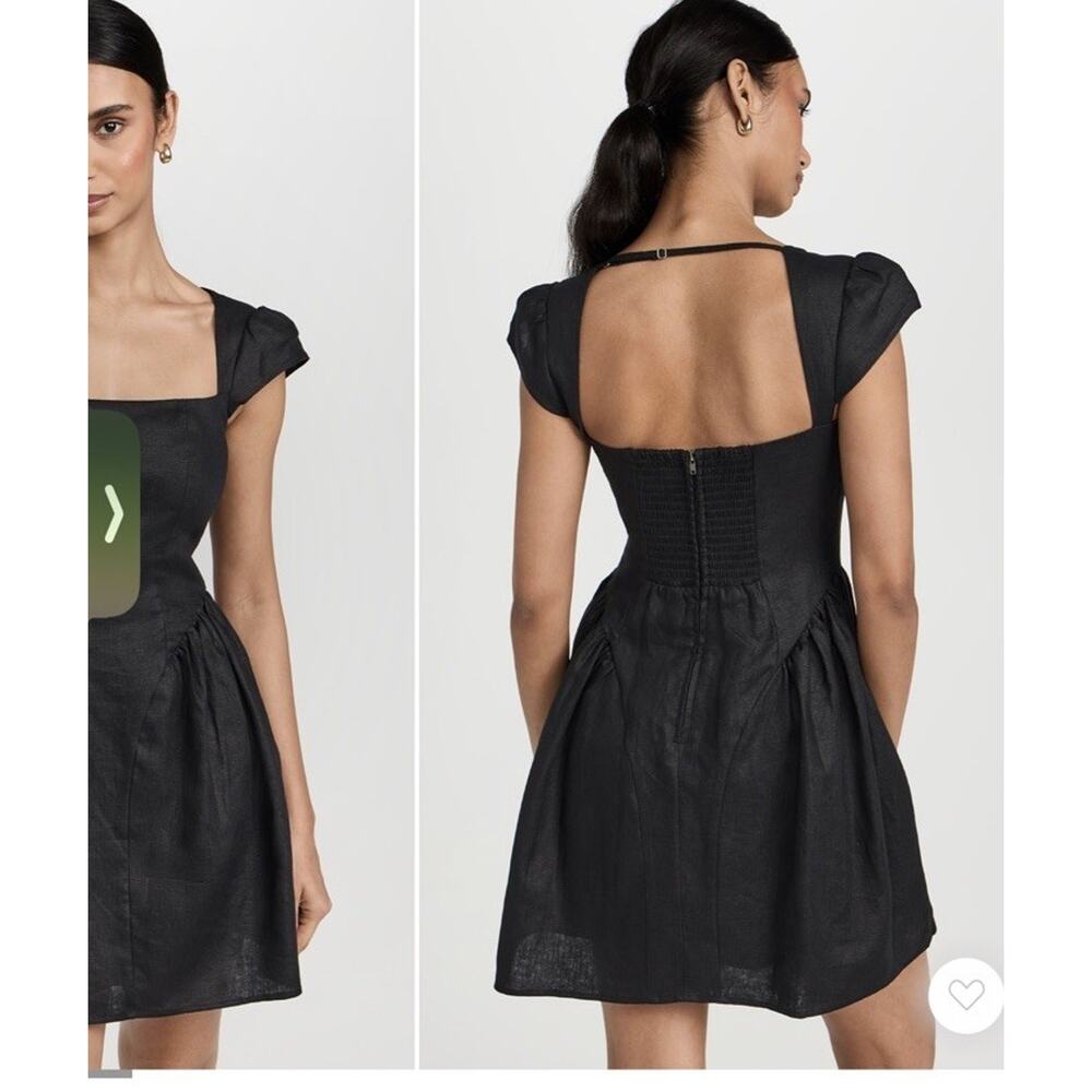 Reformation Oaklyn Cap Sleeve Linen Minidress Black 4 Babydoll Smocked Back NWT - Picture 4 of 16